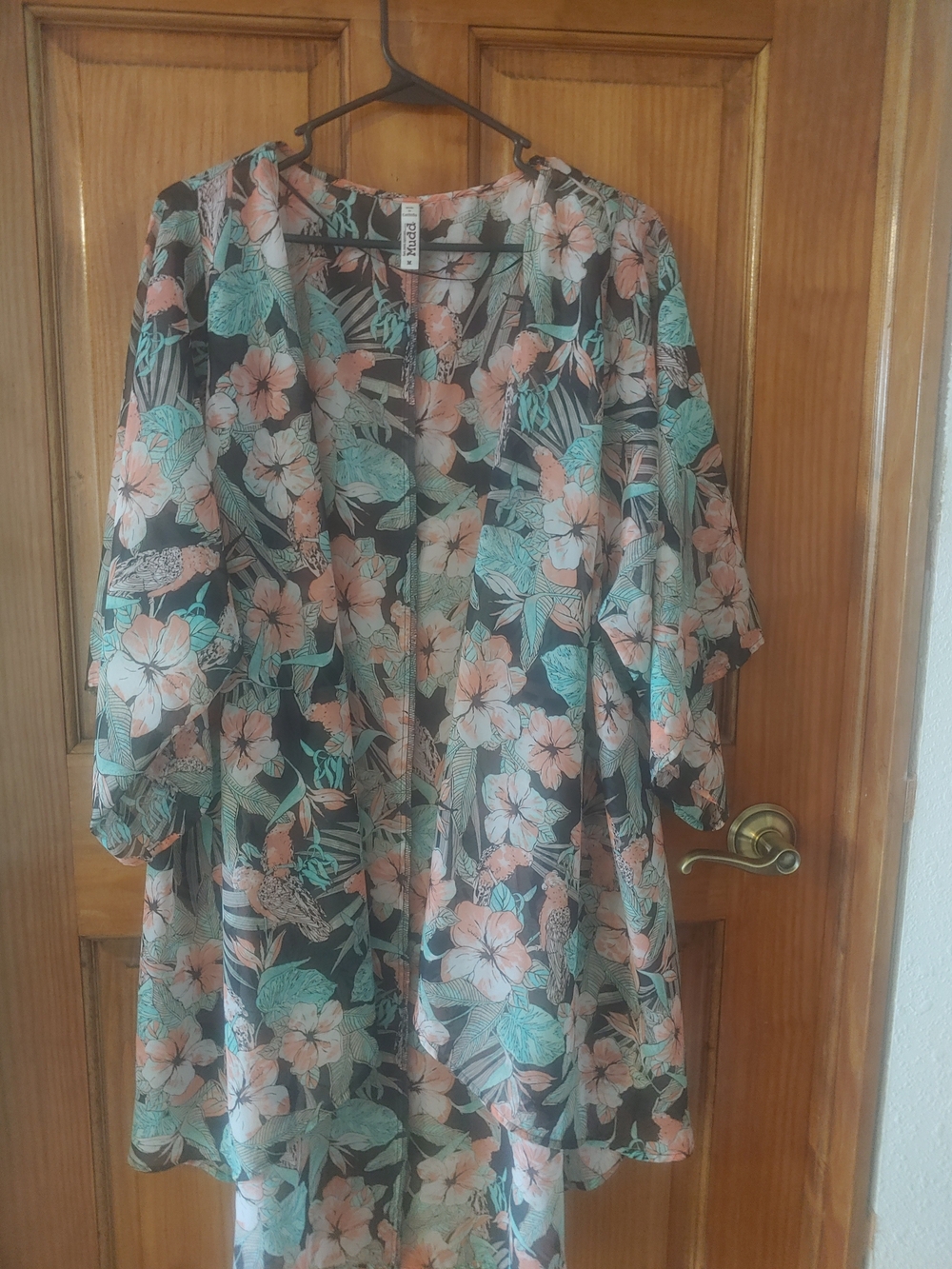 Mudd Floral Midi Kimono Dress - Black with Peach & Mint